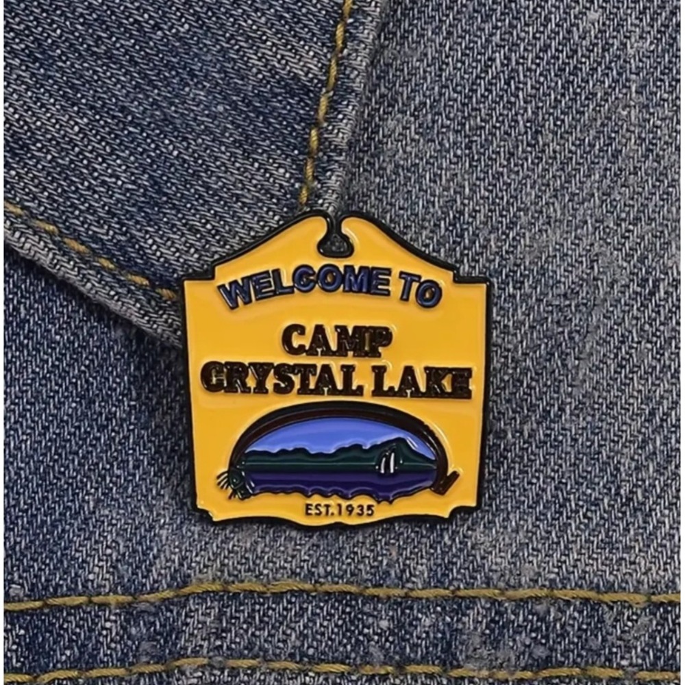 Camp Crystal Lake Enamel Pin Friday the 13th Horror Movie Jason Voorhees Yellow - Picture 2 of 5